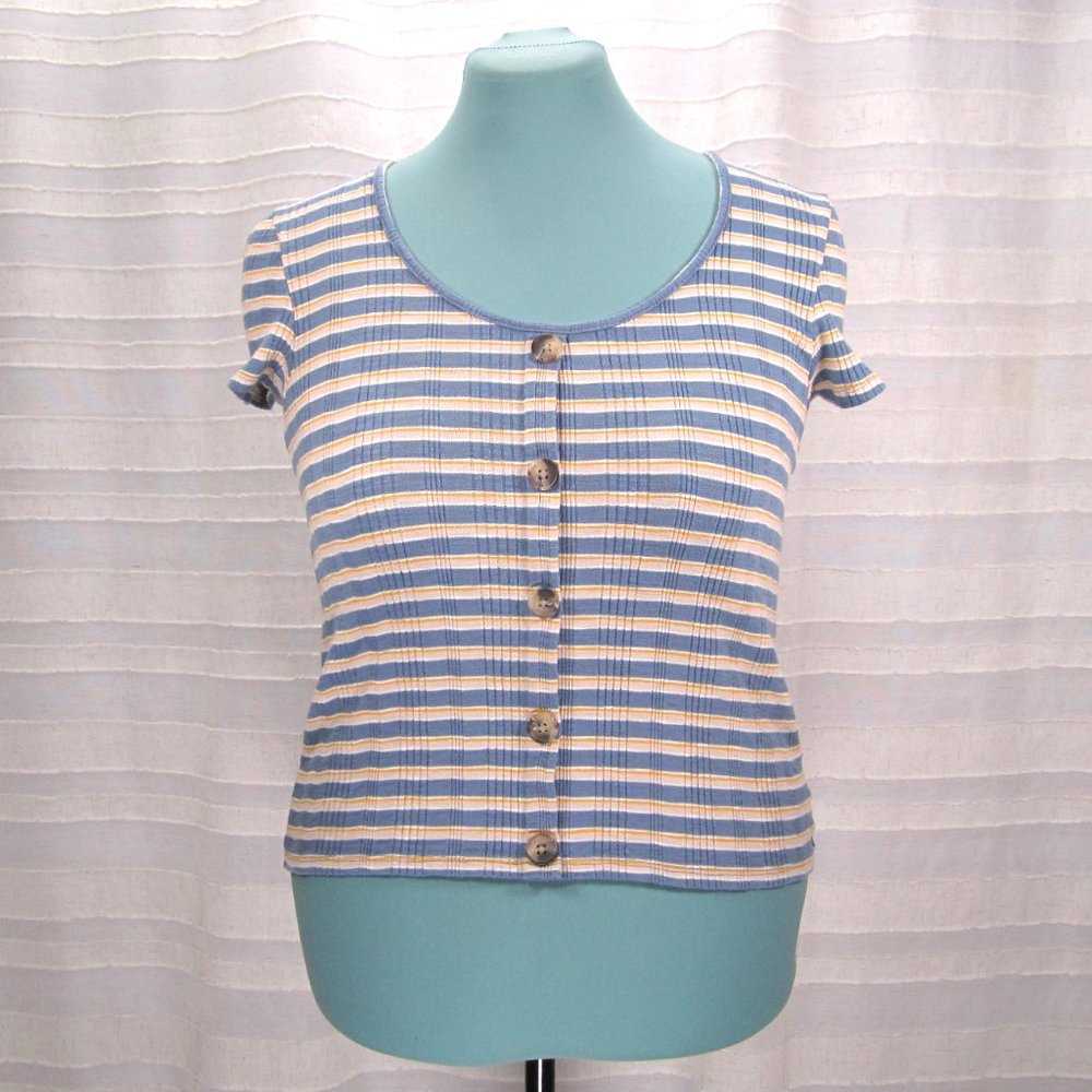 AEO Striped Ribbed Button Baby Tee in Blue/Yellow/White - M